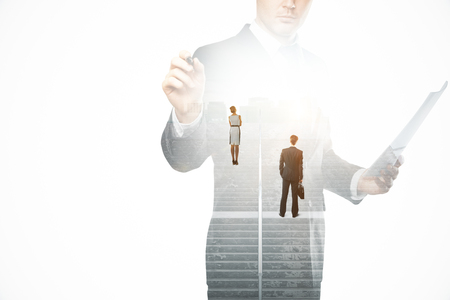 Creative image of thoughtful businesspeople standing on concrete stairs with bright light. Success concept. Double exposureの写真素材