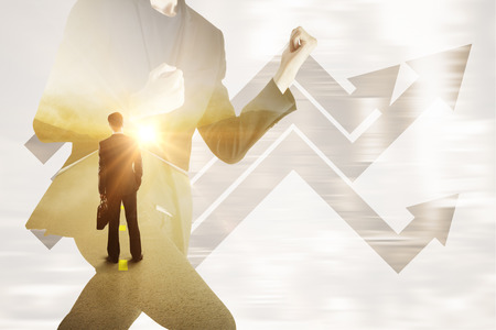 Running man on blurry city background with chart arrows dreaming about peace. Lack of time concept. Double exposureの写真素材