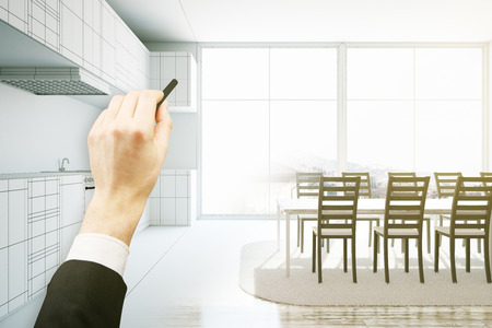 businessman hand drawing kitchen interior. 3D Renderingの写真素材