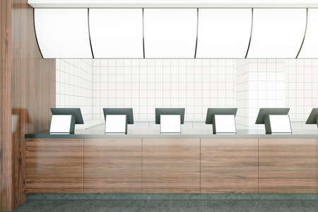 Wooden fast food restaurant counters with empty displays. Advertisment concept. Mock up, 3D Renderingの写真素材