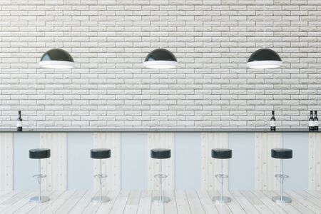 Light pub interior with counter, stools and lamps. 3D Rendering