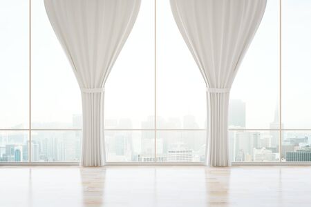 Empty classic interior with panoramic city view, wooden floor and curtains. 3D Renderingの写真素材