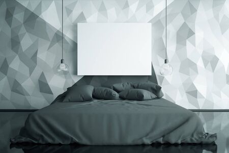 Modern bedroom with polygonal wall and blank whiteboard. Hotel concept. Mock up, 3D Rendering