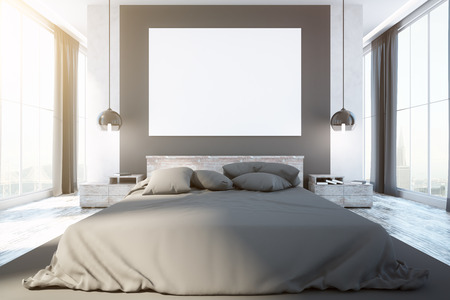 Contemporary bedroom interior with furniture, blank whiteboard, city view and daylight. Front view, Mock up, 3D Renderingの写真素材