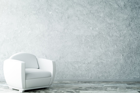 Interior with empty textured concrete wall, wooden floor and white armchair. Copy space, 3D Renderingの写真素材