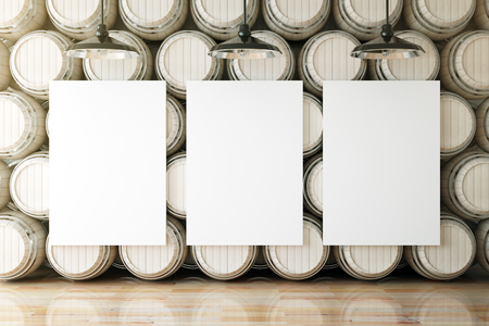 Light wooden wine barrels stacked in cellar with three blank posters. Advertisement concept. Mock up, 3D Renderingの写真素材