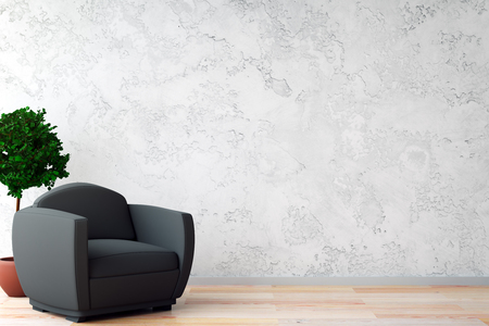 Interior with empty textured concrete wall, wooden floor, black armchair and decorative tree. Copy space, 3D Renderingの写真素材