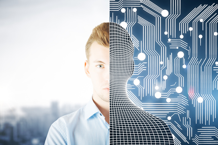 Abstract half man half grid creature on abstract tech city background. Modern robotics conceptの写真素材