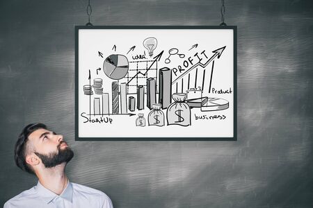 Young businessman with business doodle in frame. Chalkboard background. Success conceptの写真素材