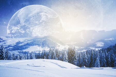 Beautiful winter landscape and huge moon. Wallpaper/backdrop/background. 3D Renderingの写真素材