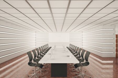 Modern meeting room interior with equipment and empty poster. Presentation concept. 3D Rendering