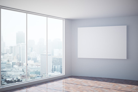 Clean concrete interior with blank poster, city view and daylight. Mock up, 3D Renderingの写真素材