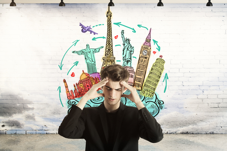 Pensive businessman in abstract brick interior with travel sketch and sky. Vacation concept. Double exposure. 3D Renderingの写真素材