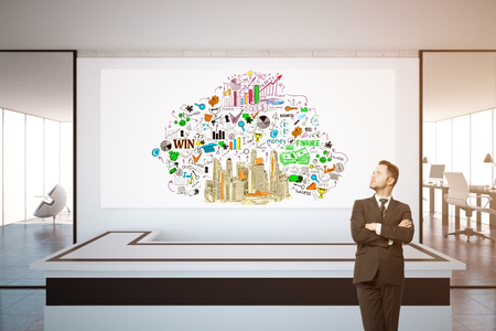 Handsome businessman at reception desk with business sketch on whiteboard. Success concept. 3D Renderingの写真素材