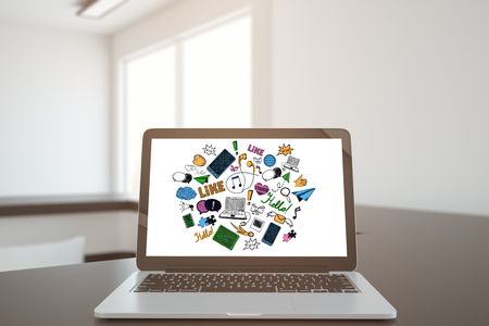Close up of laptop with social media sketch on screen, placed on grey office desktop. Communication concept. 3D Renderingの写真素材