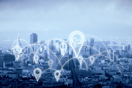City with abstract connected location pins. Dull sky background. Navigation concept. 3D Rendering