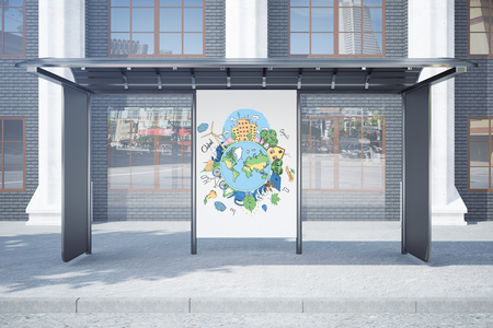 Front view of modern glass bus stop with eco sketch on poster. Environment concept. 3D Renderingの写真素材