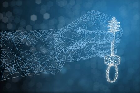 Abstract polygonal hand holding key on grey blue background. 3D Renderingの写真素材