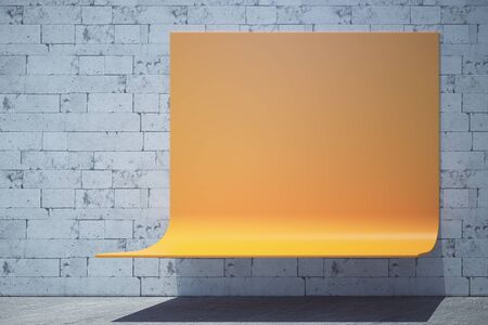 Modern orange bus stop bench with copy space. Brick wall background and shadow underneath. Advertisement concept. Mock up, 3D Renderingの写真素材