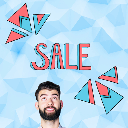 Portrait of cheerful young man on creative blue background with colorful sketch. Sale conceptの写真素材