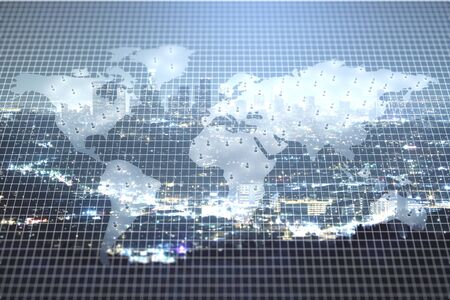 Abstract grid with map on city background. Global business concept