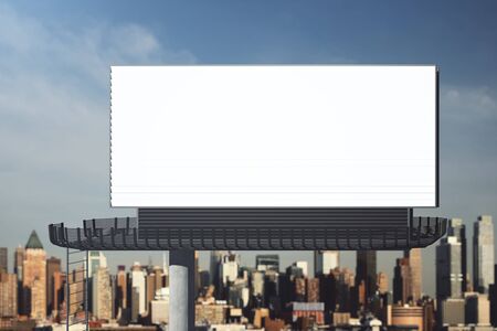 Front view of blank signboard on city background. Retail concept. Mock up, 3D Renderingの写真素材