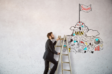 Side view of young businessman climbing ladder on concrete background with business sketch. Leadership conceptの写真素材