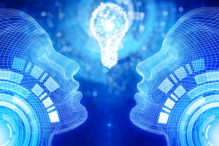 Abstract blue background with two digital humans and lamp. Idea concept. 3D Renderingの写真素材