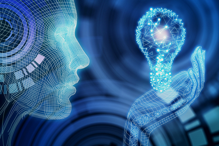 Side view of digital blue person hoding lamp. Abstract background. Idea concept. 3D Renderingの写真素材