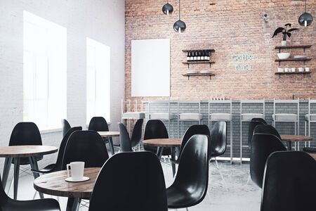 Stylish red brick cafe interior with coffee cup on table and empty poster. Mock up, 3D Rendering