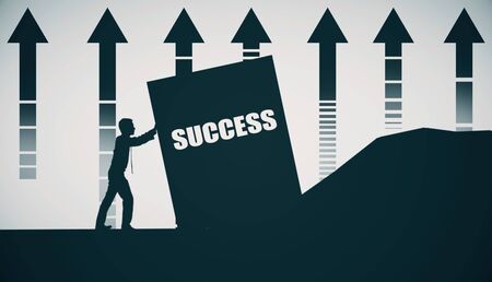 Side view of male figure pushing success block. Hard work conceptの写真素材