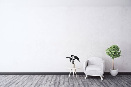 Front view of concrete interior with armchair, decorative plants and empty wall. Mock up, 3D Renderingの写真素材