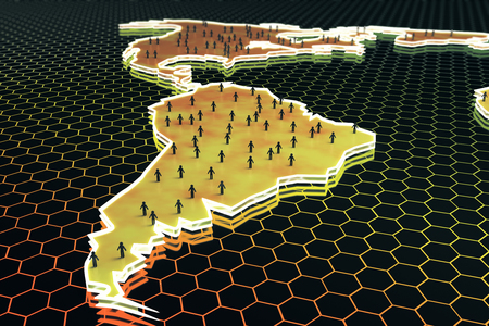 Abstract map with small people/businessmen figures on honeycomb/hexagon patterned background. Connection concept. 3D Renderingの写真素材