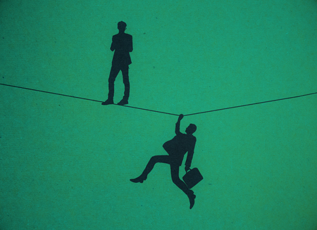 Men silhouettes standing and holding onto rope on red background. Risk concept. 3D Renderingの写真素材