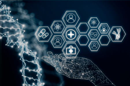 Polygonal hand holding digital medical icons on dark background with DNA. Interface concept. 3D Renderingの写真素材