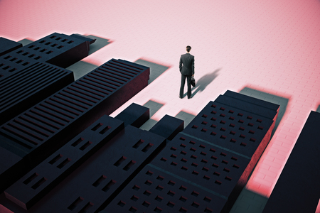 Businessman standing in abstract black city on pink background with shadows. 3D Renderingの写真素材
