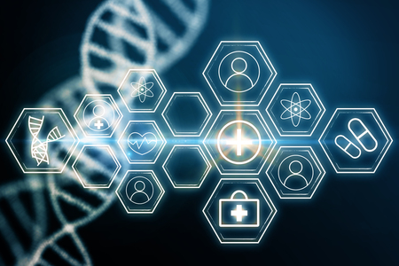 Digital medical icons and DNA on blue background. Medicine, innovation and technology concept. 3D Renderingの写真素材