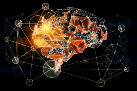 Glowing digital orange polygonal wireframe connected point and line brain on dark background. Technology, knowledge, information and medicine concept. 3D Renderingの写真素材