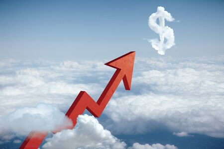 Upward red chart arrow pointing at cloud dollar sign in blue sky. Financial growth concept. 3D Renderingの写真素材
