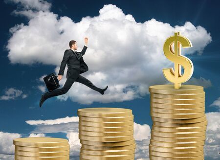 Side view of young businessman running up golden coin ladder on sky background. Wealth concept. 3D Renderingの写真素材