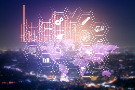 Abstract digital business panel on blurry night city background. Inovation concept. Double exposure