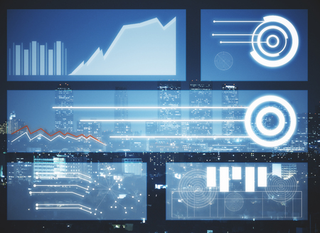 Abstract digital business screen on night city background. Technology and touchscreen concept....