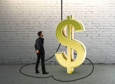 Thoughtful businessman inside abstract dollar trap in interior. Investment and risk concept. 3D Renderingの写真素材
