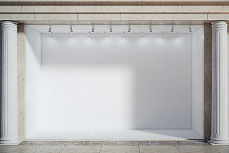 Front view of building with empty showcase and columns. Advertising and boutique retail concept. Mock up, 3D Renderingの写真素材