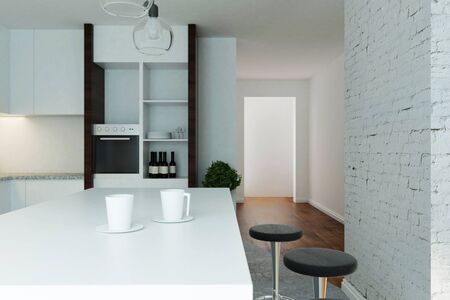 Contemporary luxurious kitchen interior with coffee cups on counter and daylight. 3D Renderingの写真素材