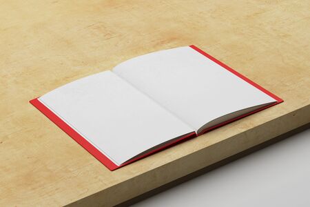 Open empty copybook placed on wooden desktop. Mock up, 3D Renderingの写真素材