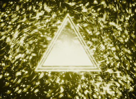 Abstract triangular button on blurry golden background. Technology, media and future concept. 3D Renderingの写真素材