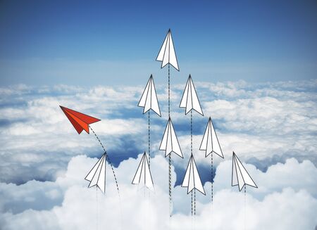 Abstract red and white paper planes flying on sky background. Leadership and success concept. 3D...