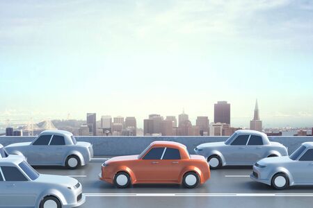Side view of highway with moving cars. City background. Traffic jam concept. 3D Renderingの写真素材