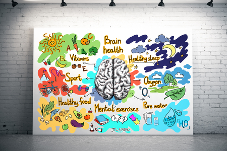 Bright brick interior with health sketch on illuminated banne. Healthy brain concept. 3D Renderingの写真素材